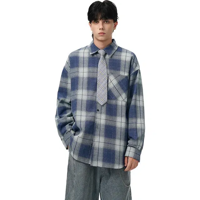 佐菲利 美式做旧渐变格子潮牌设计感痞帅外套百搭情侣长袖衬衣衬衫 男女同款