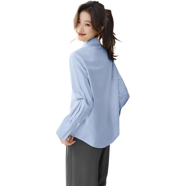 沫晗依美 挺括轻职场纯色翻领商务通勤日常便服长袖衬衫 女款