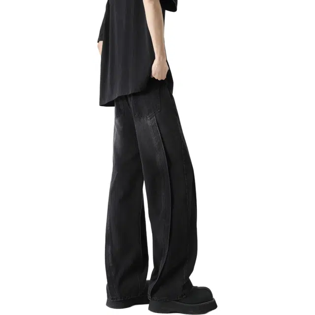 图兰朵 美式复古高街重工水洗猫须做旧潮流痞帅阔腿微喇弯刀高级感中腰显高显瘦柔软不硬亲肤舒适休闲通勤直筒牛仔裤 男女同款