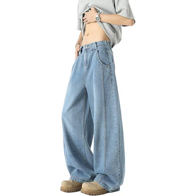 宝米卡 高街复古弯刀作旧水洗裤子直筒宽松痞帅时尚潮牌阔腿休闲长裤牛仔裤 男女同款