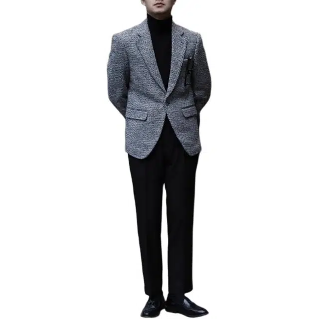 大格子与黑猫 英伦时髦潮流灰色粗纺人字纹毛呢秋冬厚款保暖小香风修身西服外套西装 男款