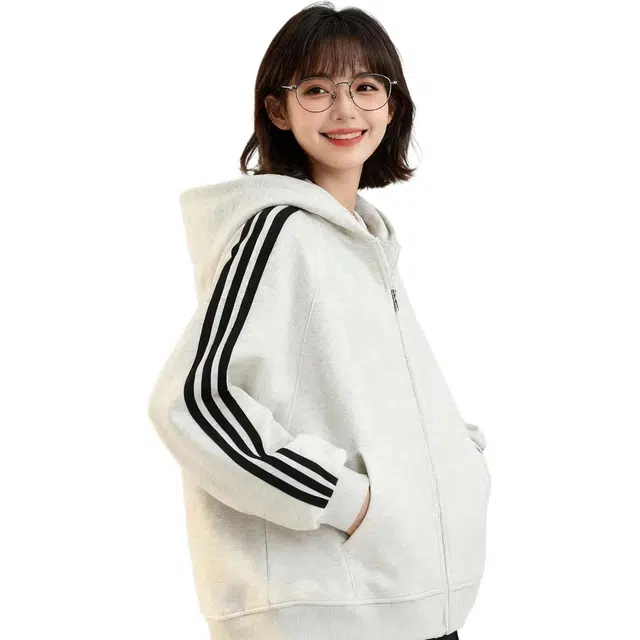 华夏儿女 美式现代学院风简约基础款撞色条纹插肩袖拉链开衫插袋连帽宽松休闲百搭卫衣 男女同款