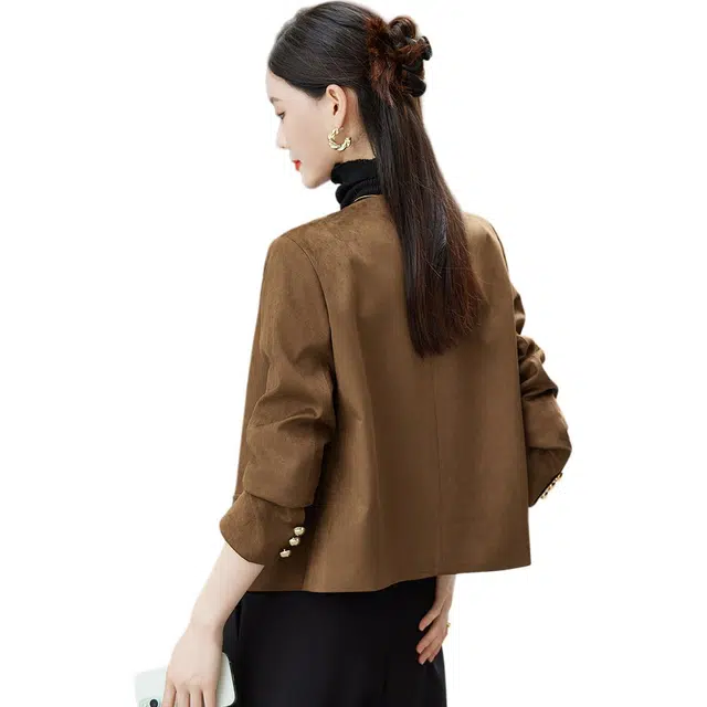 杭依阁 时尚复古美拉德圆领百搭短款夹克外套 女款 棕色