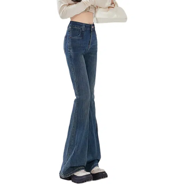 惟熙 加绒微喇叭高腰修身显瘦加厚保暖牛仔裤 女款 复古蓝