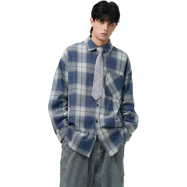 佐菲利 美式做旧渐变格子潮牌设计感痞帅外套百搭情侣长袖衬衣衬衫 男女同款