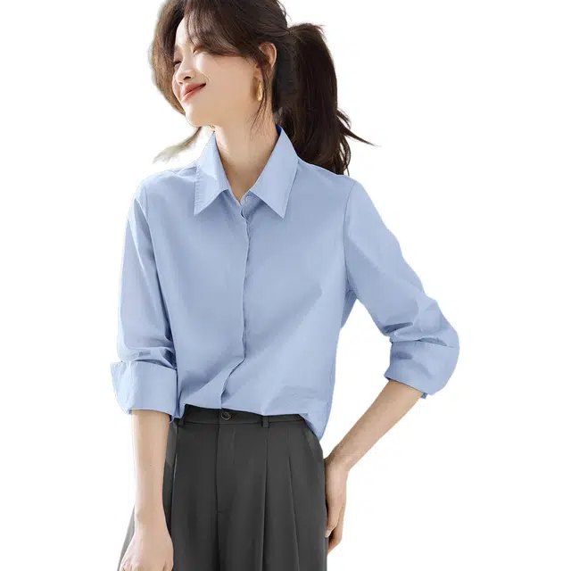 沫晗依美 挺括轻职场纯色翻领商务通勤日常便服长袖衬衫 女款