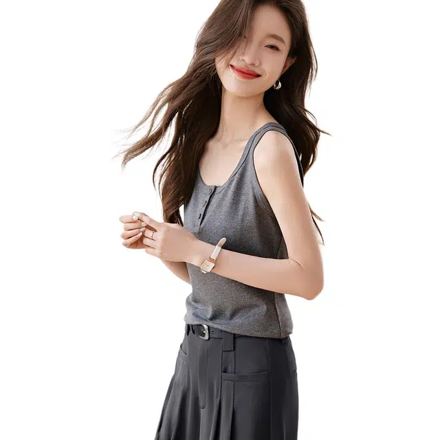 沫晗依美 纯色套头透气圆领圆领背心 女款 花灰色