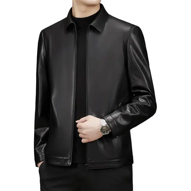 太子龍 爸爸装外套牛皮翻领中老年皮夹克皮衣 男款