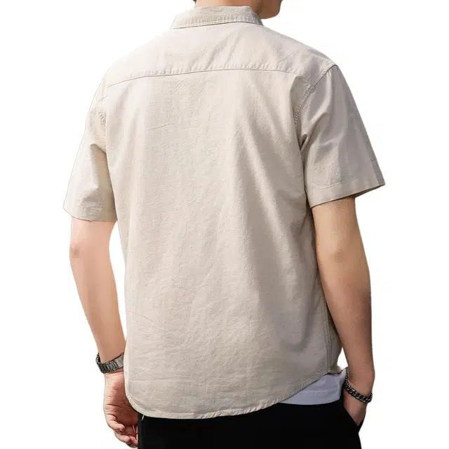 贵色 夏季 美式复古潮流百搭亚麻短袖男士纯色简约拼接设计翻领舒适透气休闲翻领半袖上衣衬衫 宽松 男女同款