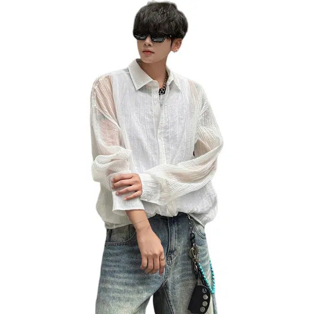 零氏 水墨印花薄款透气纯棉衬衣新中式翻领设计休闲衣服夏威夷风海边度假沙滩帅气翻领扎染上衣长袖衬衫 男女同款