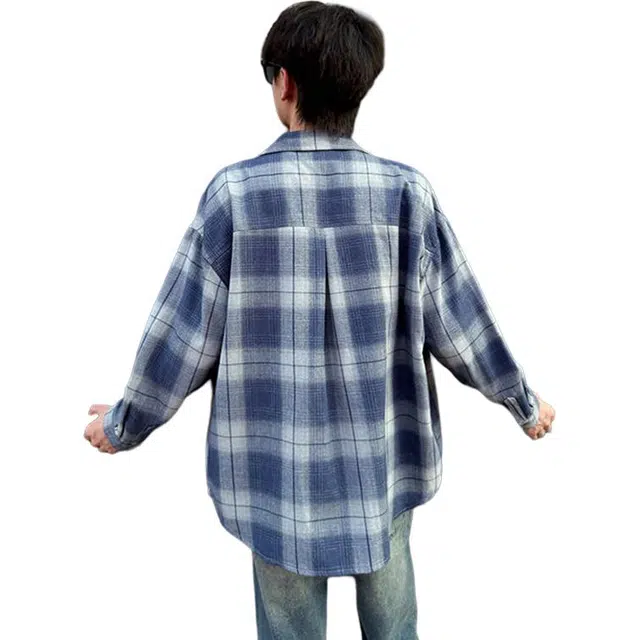 佐菲利 美式做旧渐变格子潮牌设计感痞帅外套百搭情侣长袖衬衣衬衫 男女同款