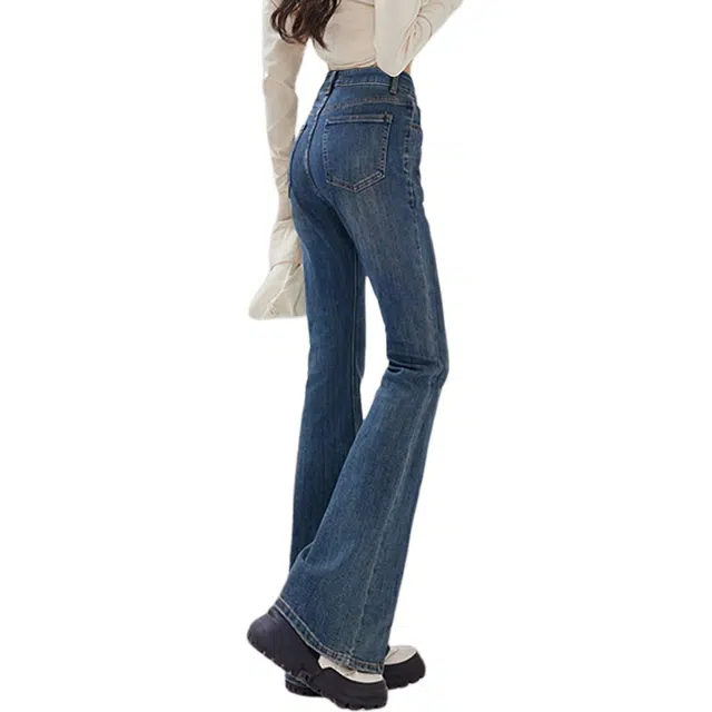 惟熙 加绒微喇叭高腰修身显瘦加厚保暖牛仔裤 女款 复古蓝