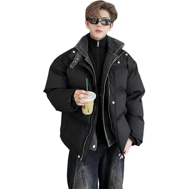 单爵 假两件牛仔拼接棉衣夹克棉服 男女同款