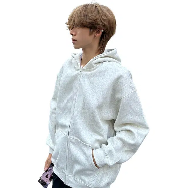 黑马漫画 重磅纯色连帽卫衣男秋季高街情侣开衫外套潮牌宽松痞帅上衣 男女同款