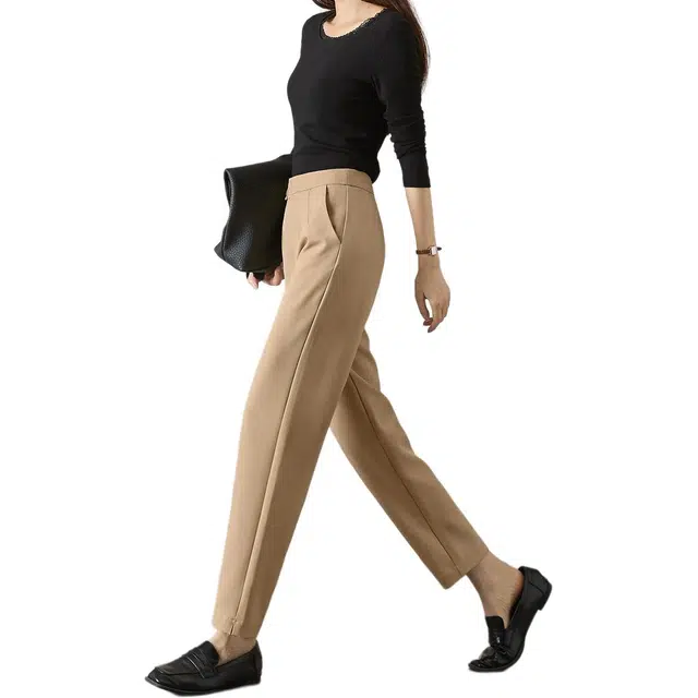 沫晗依美 锥形高腰通勤休闲裤 女款 浅卡其色