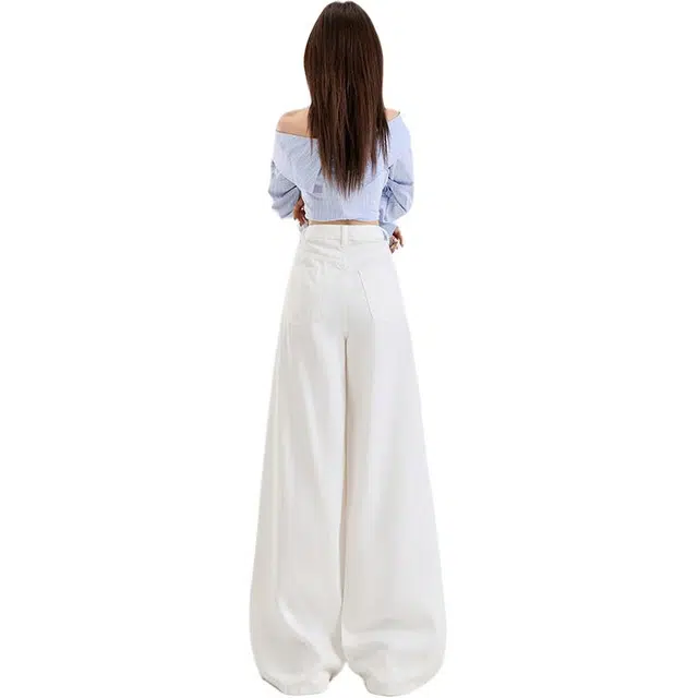 玫丝朵 美式纯色简约百搭宽松阔腿拖地牛仔裤 女款