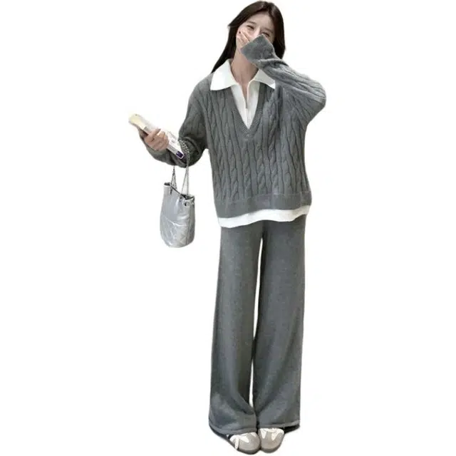 轻迎 时尚拼接假两件毛衣高级感针织衫裤两件套休闲套装 女款