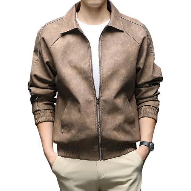 卡丹狄诺 美式复古高街机车风做旧美拉德色系高级感简约百搭户外宽松休闲赛车服皮衣夹克外套 男款