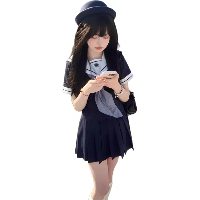 沐晓欣 制服夏服日系水手学院风水手装短袖衬衫百褶裙两件裙装套装 女款