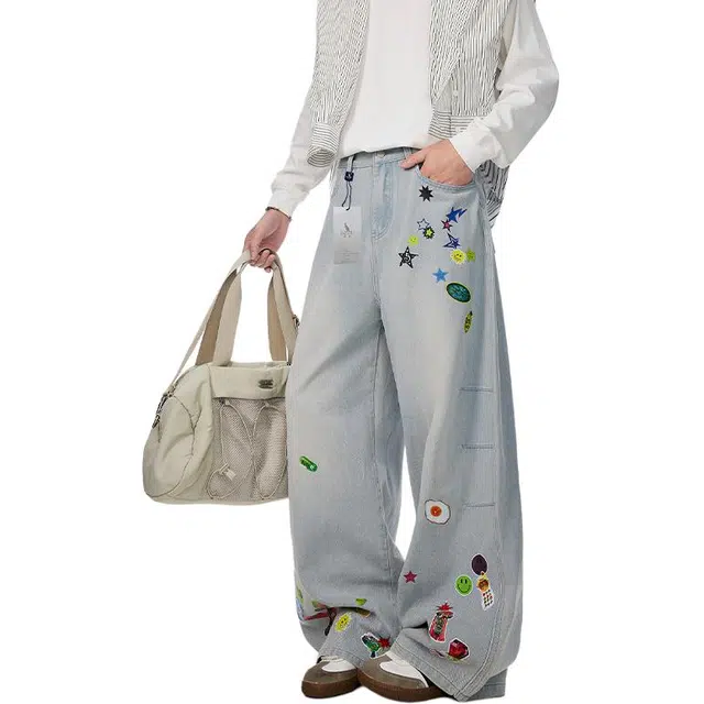 袋鼠 高个子加长版型长裤美式复古百搭基础款通勤阔腿裤高街水洗做旧弯刀牛仔裤 男女同款