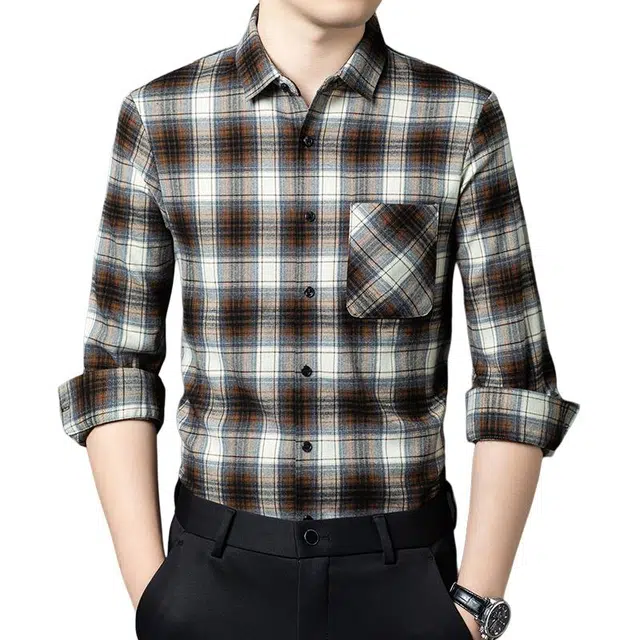 太子龍 休闲磨毛格子百搭长袖衬衫 男款