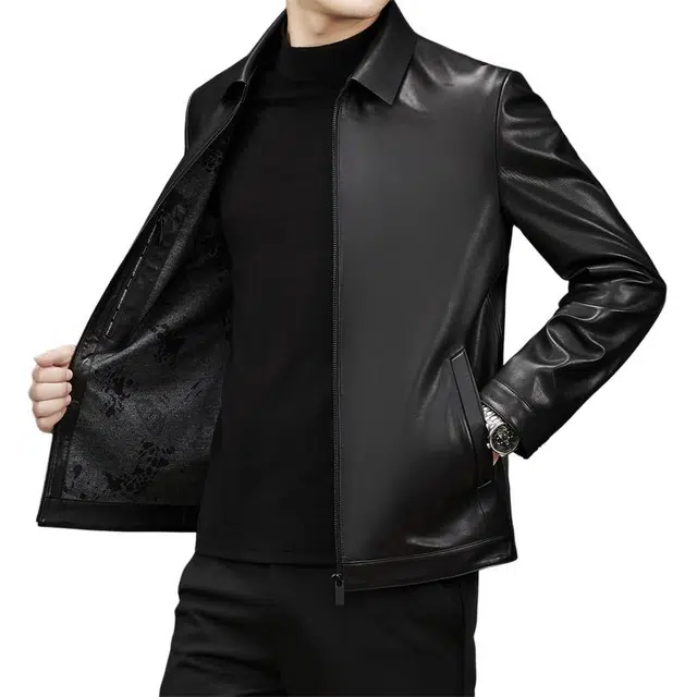 太子龍 爸爸装外套牛皮翻领中老年皮夹克皮衣 男款