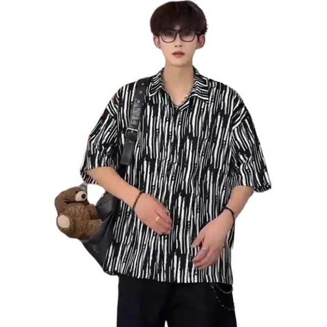 单爵 斑马纹痞帅防晒运动宽松百搭短袖衬衫 男女同款