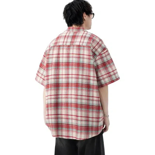 沐诚阳译 美式撞色潮牌宽松衬衣休闲短袖衬衫 男女同款