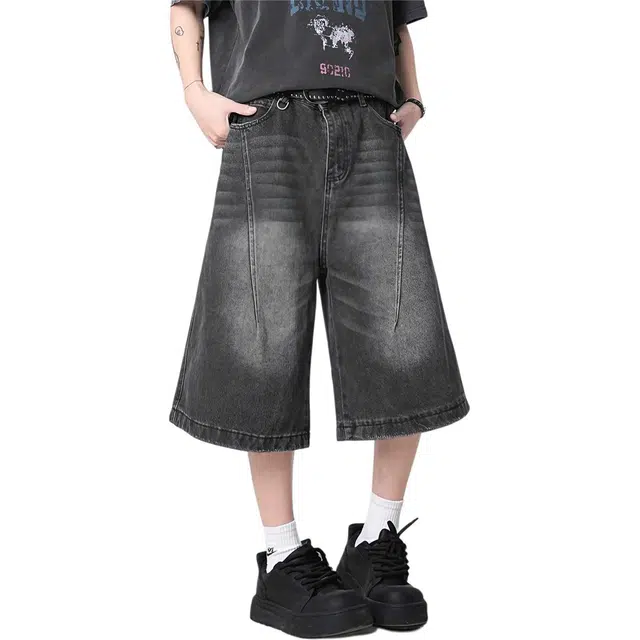 太子龍 美式复古水洗做旧七分街头潮牌宽松直筒牛仔短裤 男款