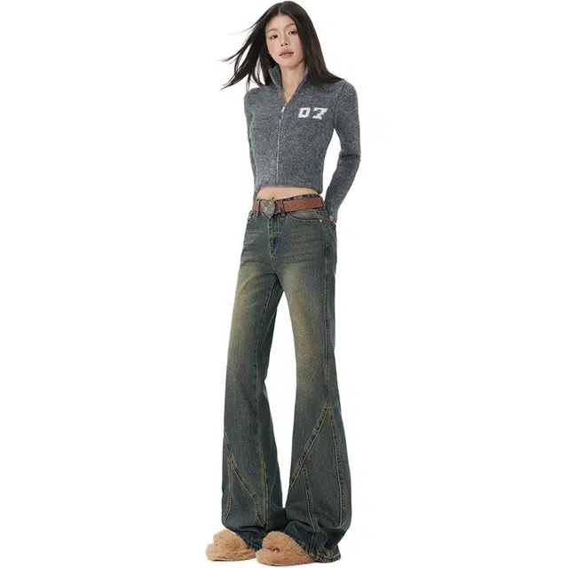 么宁   美式高街微喇做旧设计感高腰显瘦宽松牛仔裤 女款