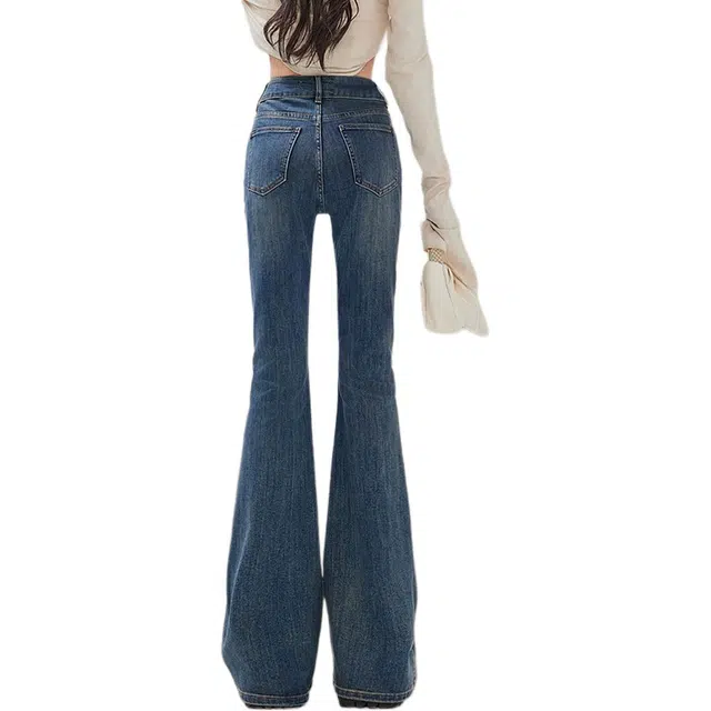 惟熙 加绒微喇叭高腰修身显瘦加厚保暖牛仔裤 女款 复古蓝