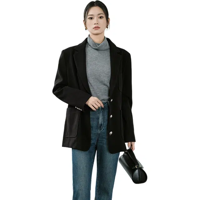 美洋 纯色单排扣直筒刺绣金扣通勤西装 女款 黑色