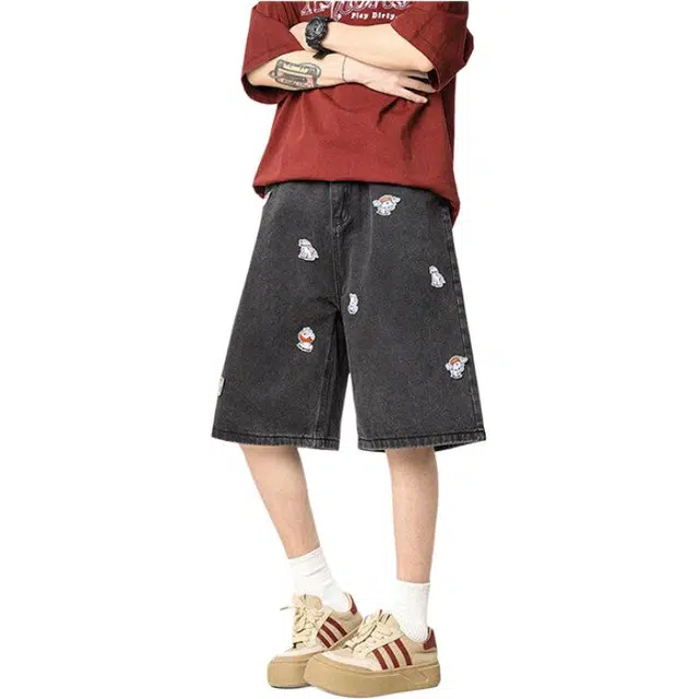 颂希尔 美式复古港风小狗刺绣薄款设计感小众五分裤宽松休闲中裤牛仔短裤 男女同款
