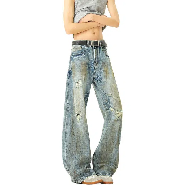 沃马 美式高街水洗做旧泥染破洞复古重工装裤牛仔裤 男女同款 蓝色