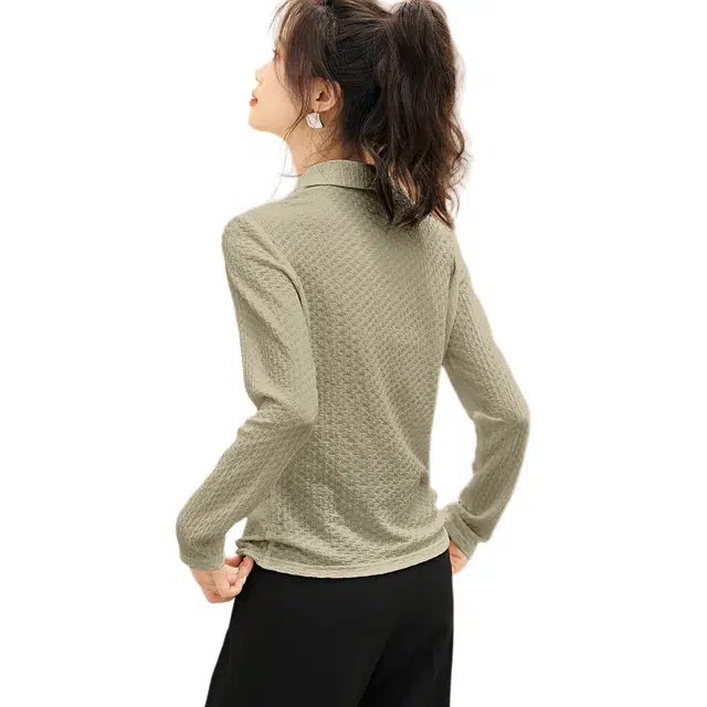 沫晗依美 肌理感针织纯色常规长袖翻领休闲日常便服宽松腰衬衫 女款