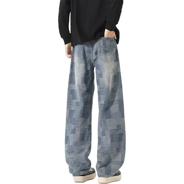 单爵 复古风微喇裤男春秋季美式高街棋盘格直筒长裤男痞帅宽松牛仔裤 男女同款