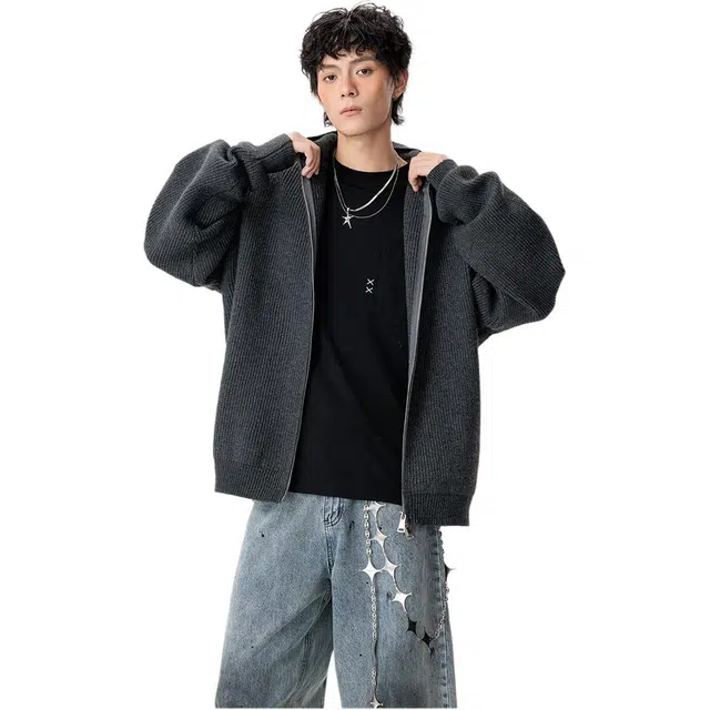 拓菲 美式复古连帽开衫外套男秋冬季潮牌宽松慵懒风高街情侣针织衫 男女同款