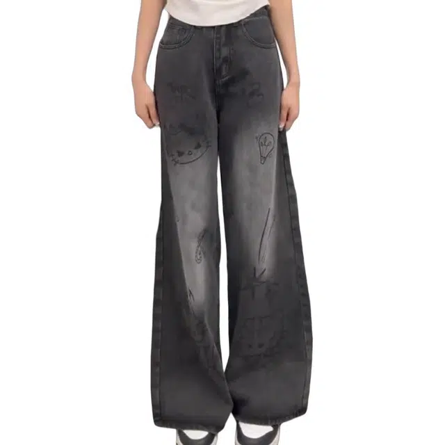 宝米卡 涂鸦美式复古印花直筒做旧水洗拖地阔腿长裤牛仔裤 男女同款