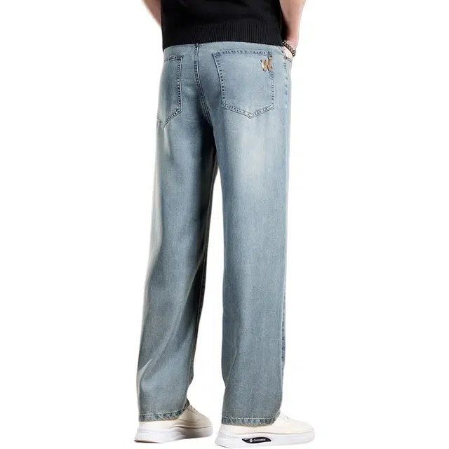 贵色 薄款透气冰丝凉感水洗做旧阔腿直筒裤美式高端复古休闲垂感牛仔裤 男女同款