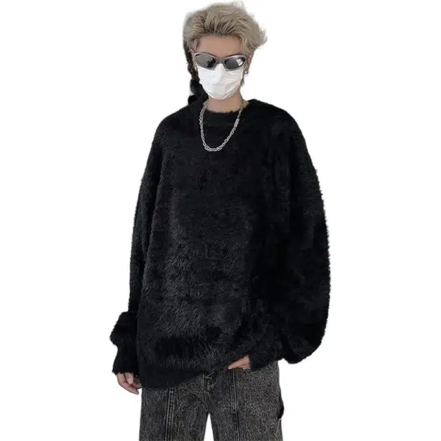 拓菲 早秋穿搭纯色外套男款高级感海马毛上衣宽松慵懒圆领打底衫针织衫 男女同款