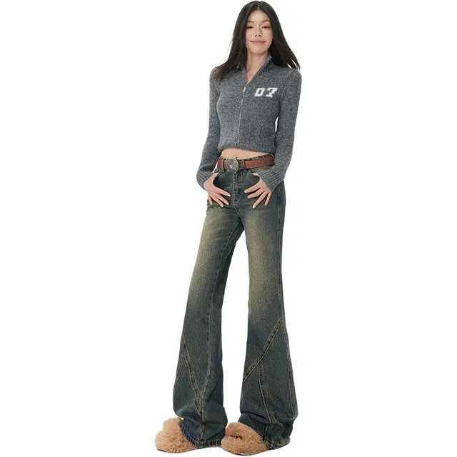 么宁   美式高街微喇做旧设计感高腰显瘦宽松牛仔裤 女款