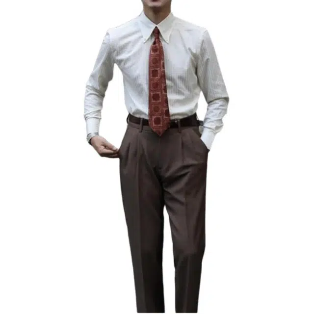 大格子与黑猫 [两色] 意式复古大尖领泡泡纱绅士雅痞商务休闲修身条纹衬衫 男款