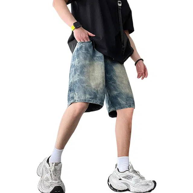 太子龍 美式夏季薄款潮牌迷彩宽松直筒休闲五分牛仔短裤 男款