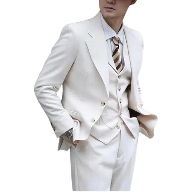 大格子与黑猫 意式那不勒斯浪漫优雅度假婚礼儒雅老钱风杏色修身西服外套西装 男款