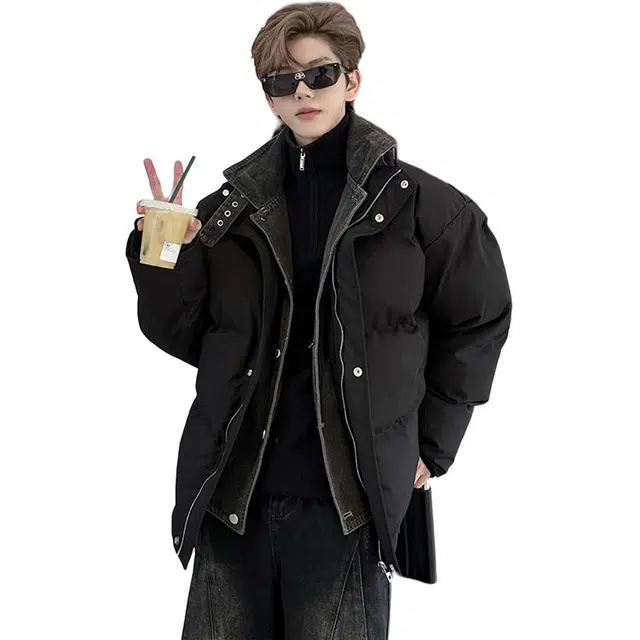 单爵 假两件牛仔拼接棉衣夹克棉服 男女同款