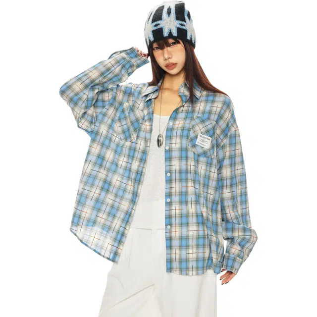 玫丝朵 复古格子美式宽松休闲长袖衬衫 女款