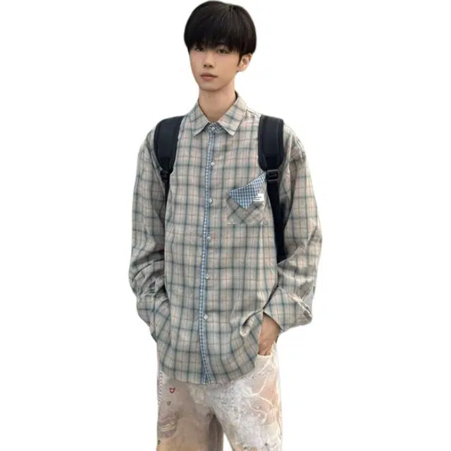 一碗士多 复古高街小众百搭格子设计感美式宽松舒适简约高级感通勤户外日常内搭外穿翻领落肩袖衬衫 男女同款