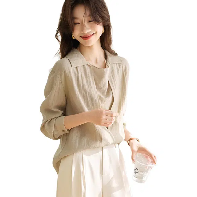 沫晗依美 假两件翻领纯色长袖衬衫 女款 卡其色