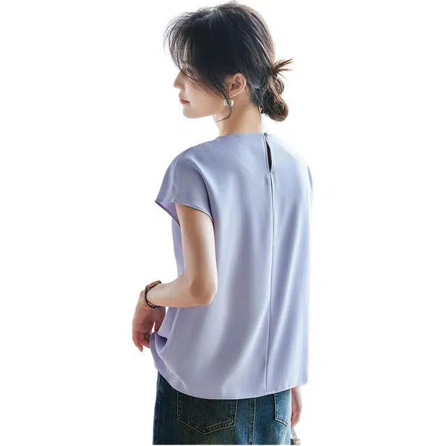 沐晓欣 韩版百搭圆领短袖通勤上衣时髦衬衫 女款 蓝色