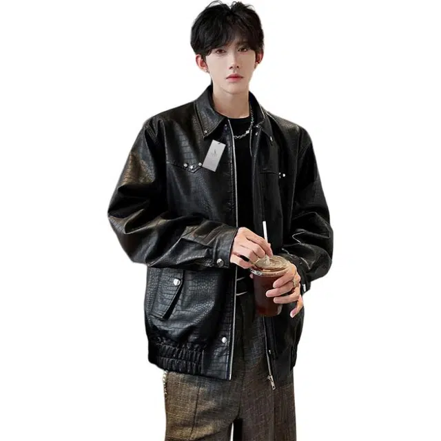 袋鼠 秋冬设计感皮衣港风时尚高街慵懒松弛氛围情侣百搭舒适休闲流行外套夹克 男女同款